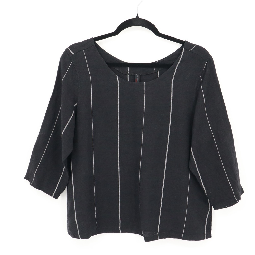 INIZIO Linen‎ Striped Top Womens S Black Relaxed Fit Made In Italy Boho Bohemian